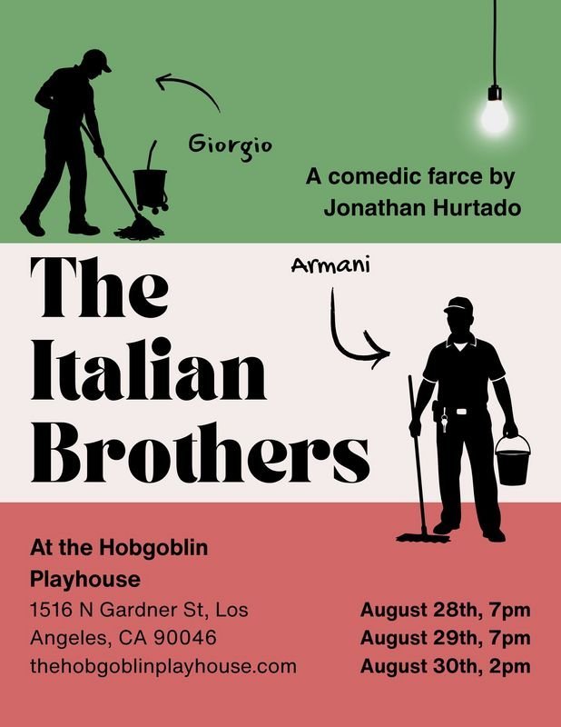 Comedy show poster featuring Giorgio and Armani at Hobgoblin Playhouse.